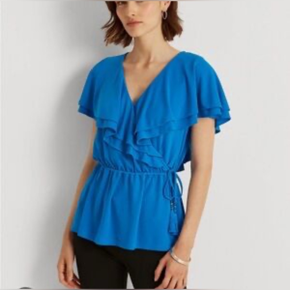 Ralph Lauren Black Label Blue Ruffle V-Neck Blouse